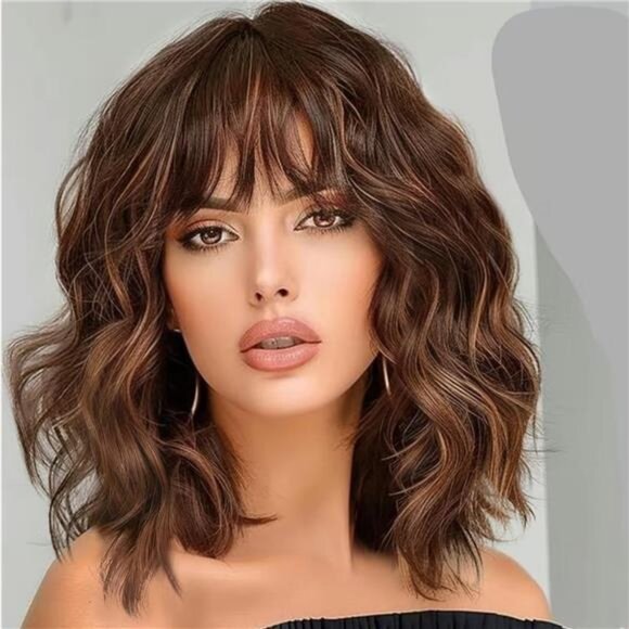 Other - Shoulder Length Curly Bob Wigs Brown Highlight